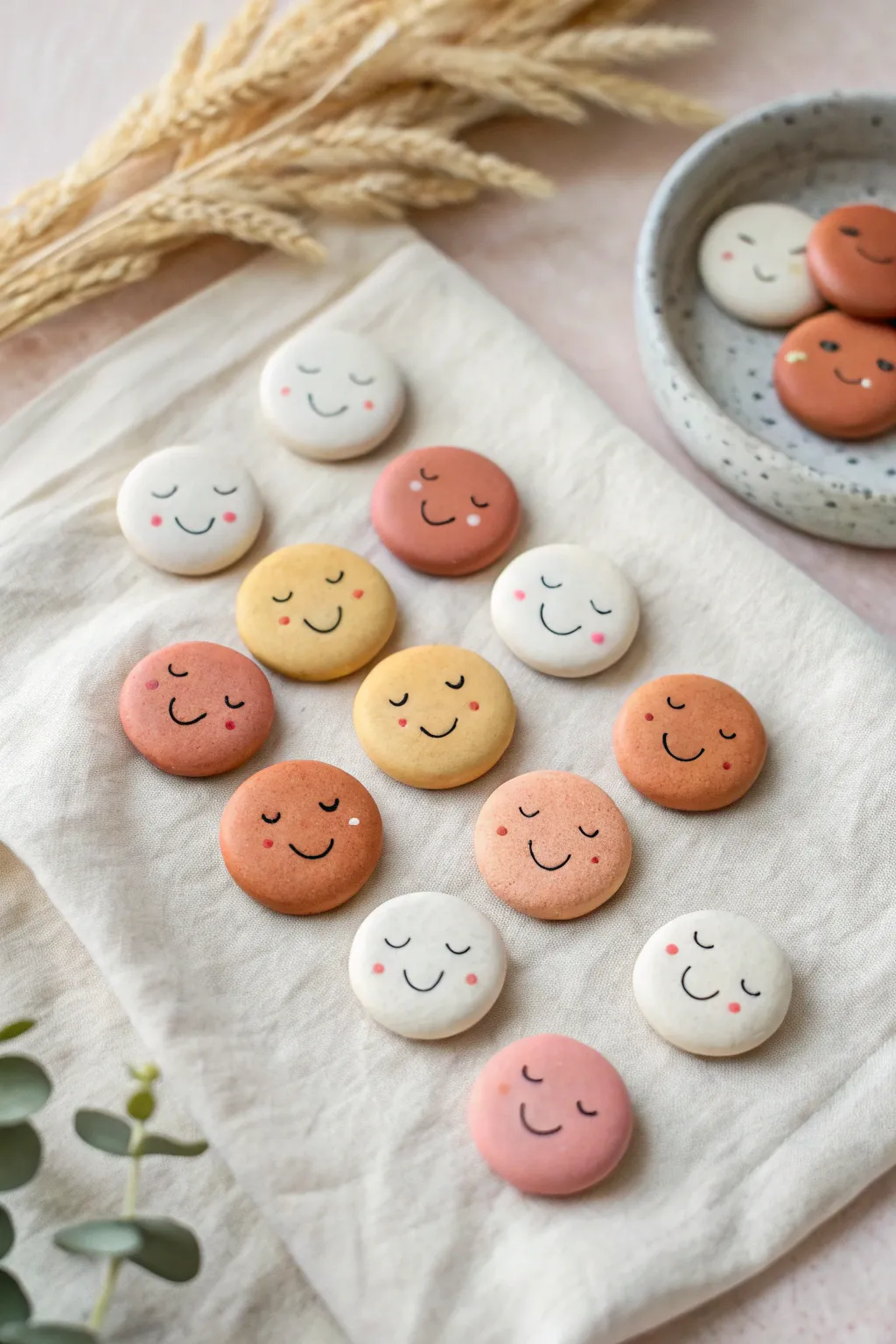 Cute clay smiley face magnets in bold pastels, minimalist boho flatlay with crisp contrast.