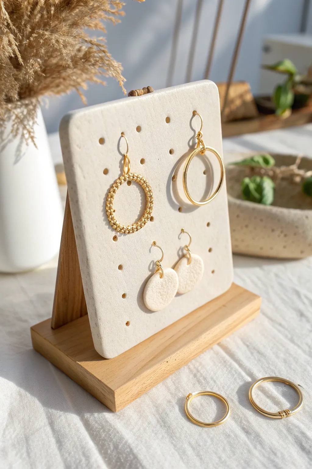 Minimal air dry clay earring organizer tile with neat holes for studs and hoops, softly styled.