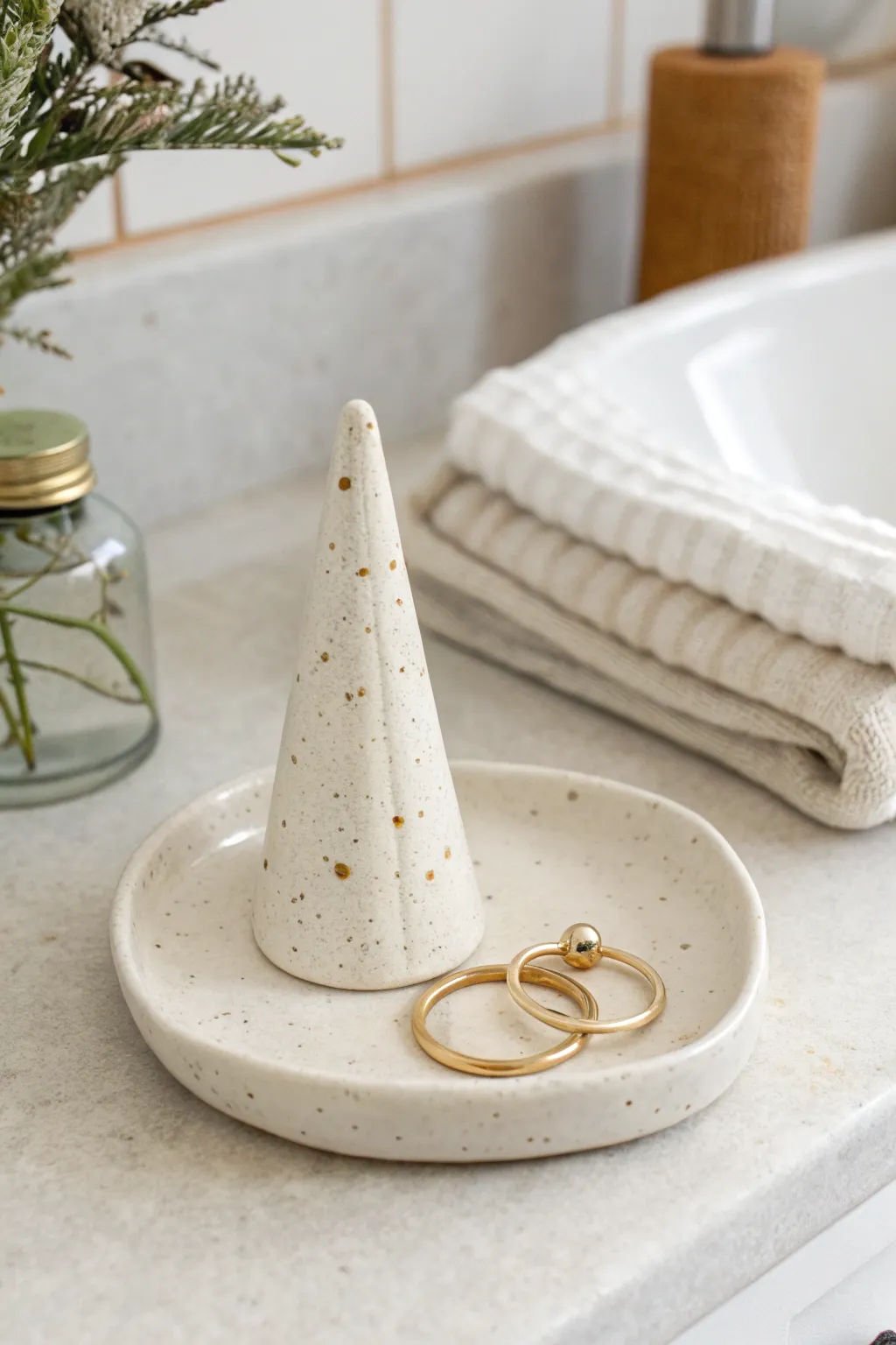 Sink-side clay ring holder in minimalist boho style, keeping rings safe and beautifully displayed