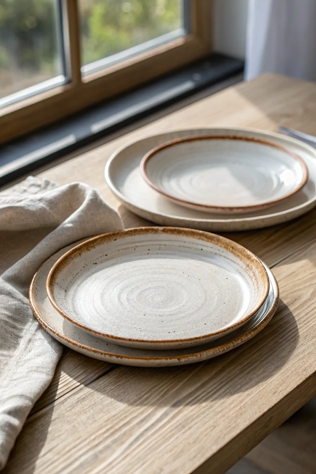 Overlapping dinner plates with raised rims and simple two-tone glaze for everyday elegance