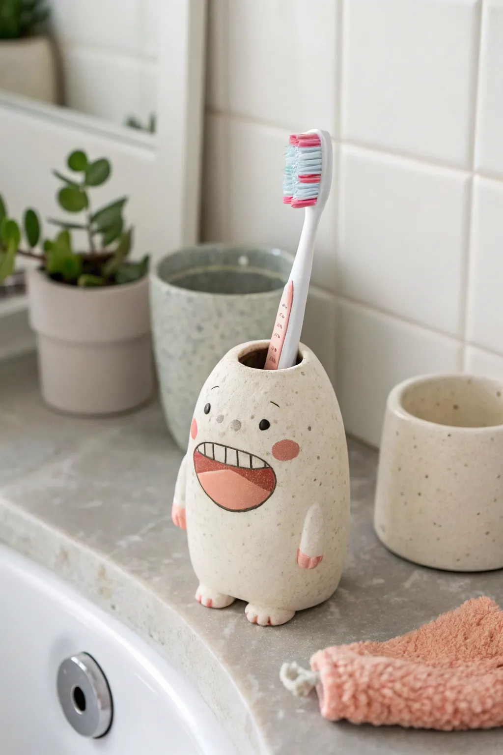 A cheeky clay creature toothbrush holder that looks like it is munching your brush in style