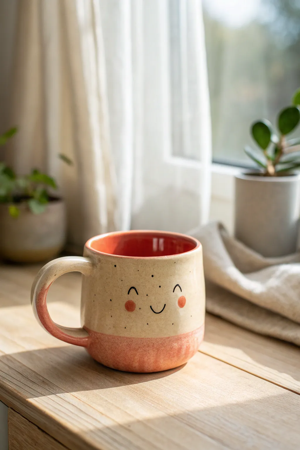A cheeky tongue-out sipper mug with glossy pop color against matte clay, clean and cozy.