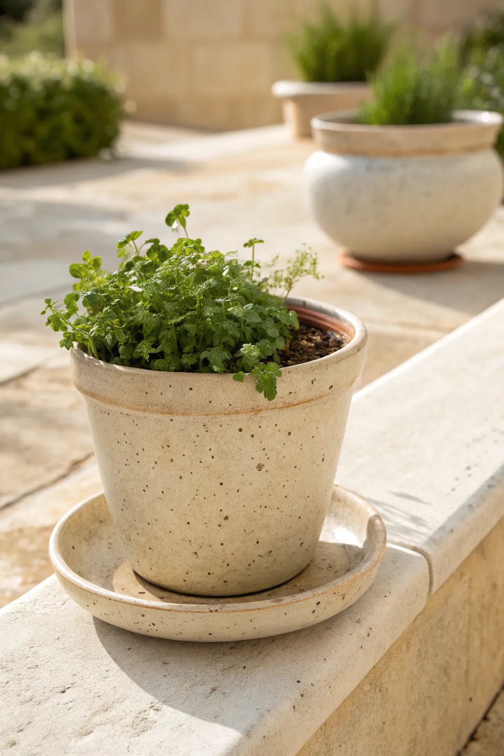 Matching ceramic pot and saucer for crisp patio lines and a calm, intentional garden look.