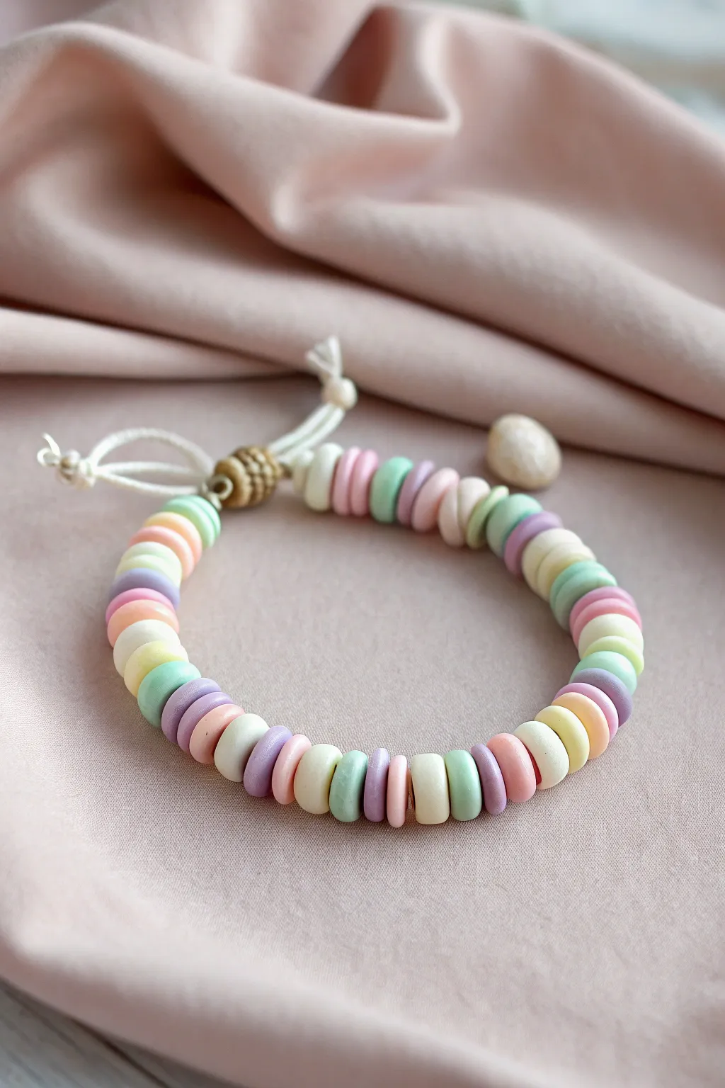 Pastel candy stripe clay bead bracelet in soft pink, mint, lavender, and butter yellow.