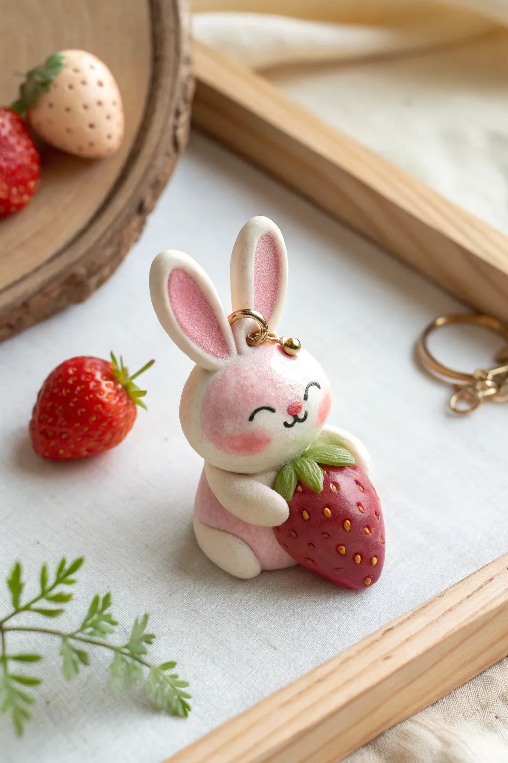 Sweet strawberry bunny charm in pastel clay, minimal and cozy for the cutest girly projects