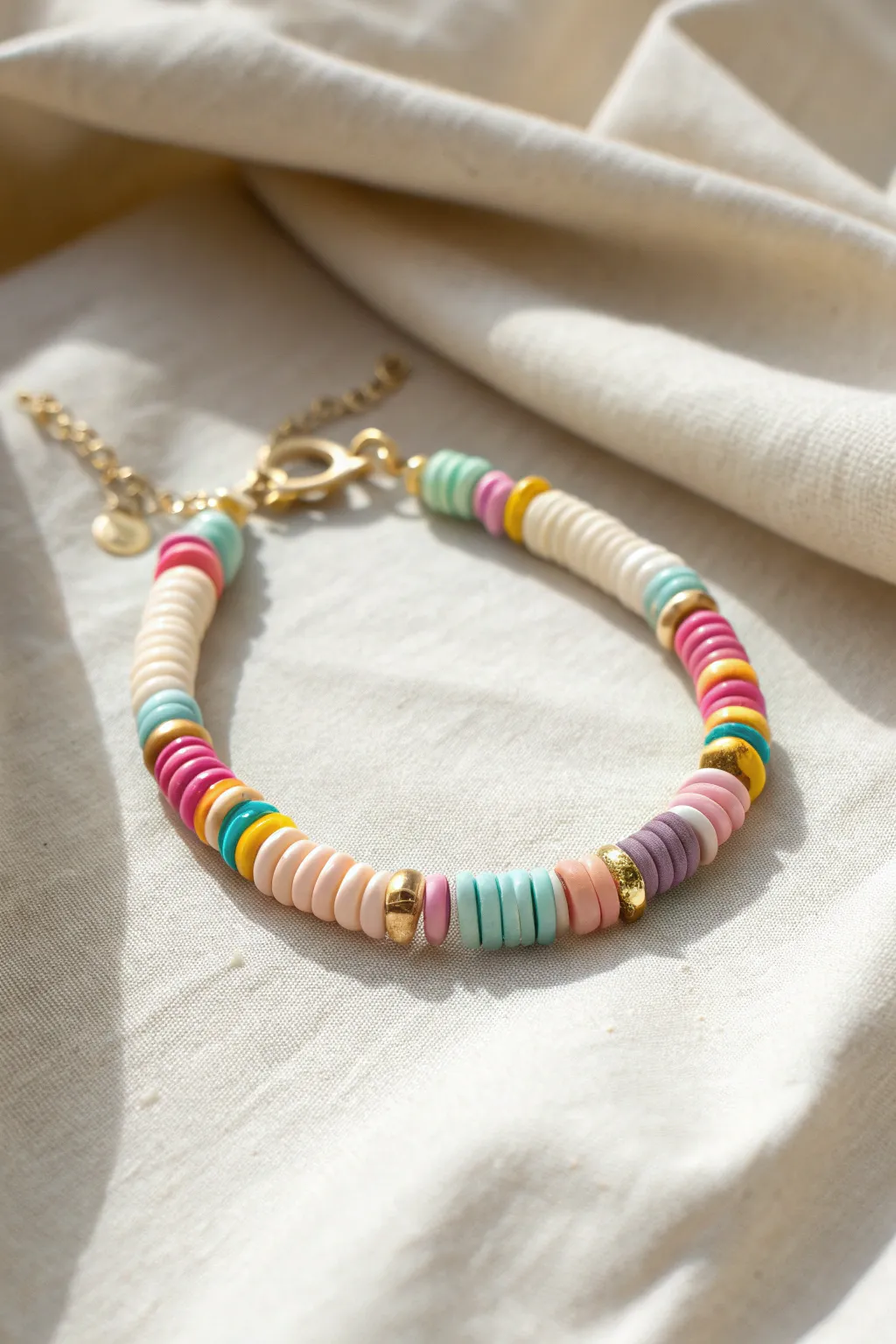 Happy confetti heishi bracelet with bright pops, crisp whites, and gold spacers for sparkle