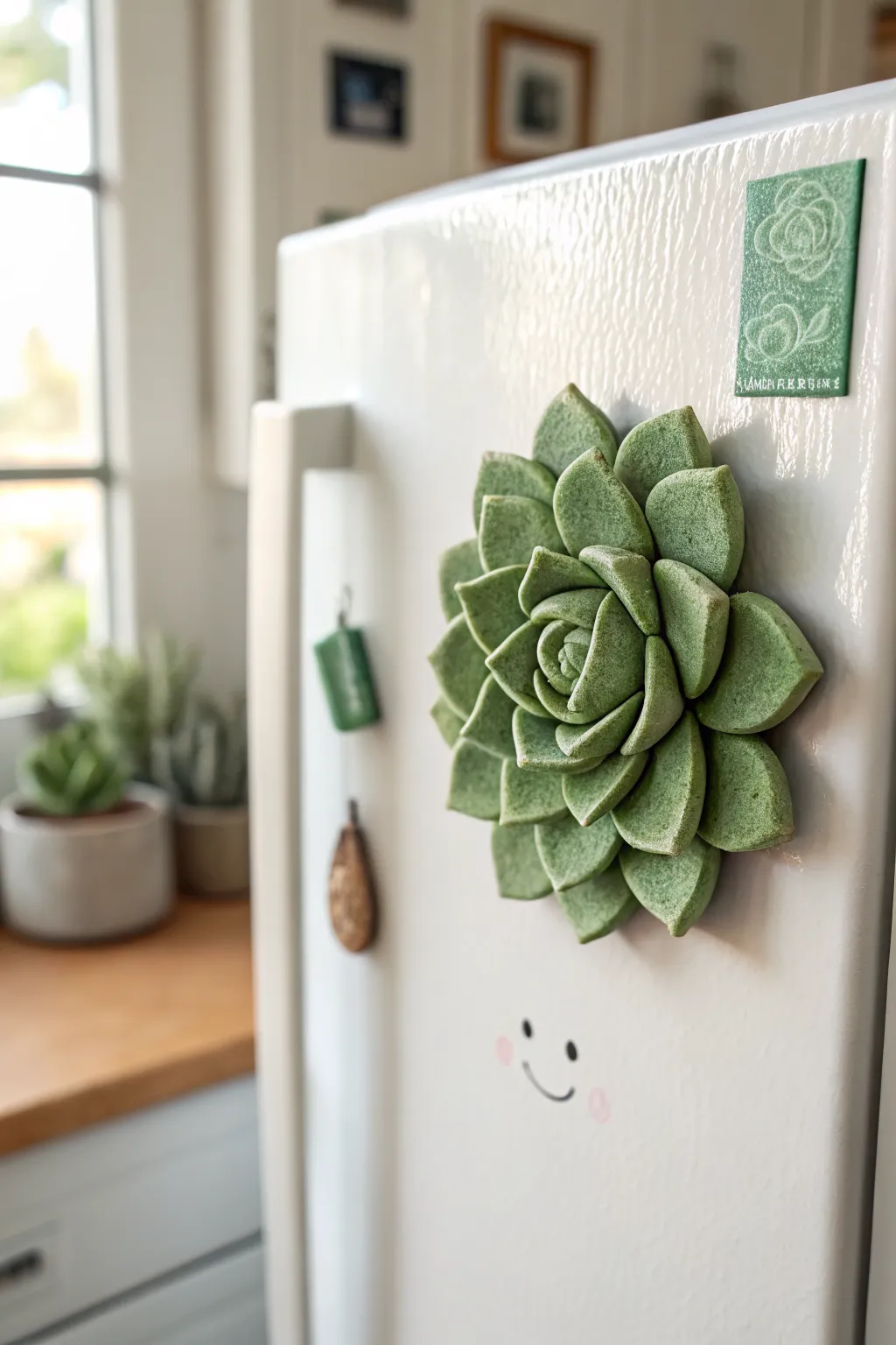 Beginner-friendly green air dry clay succulent magnet with a tiny smile, perfect for your fridge