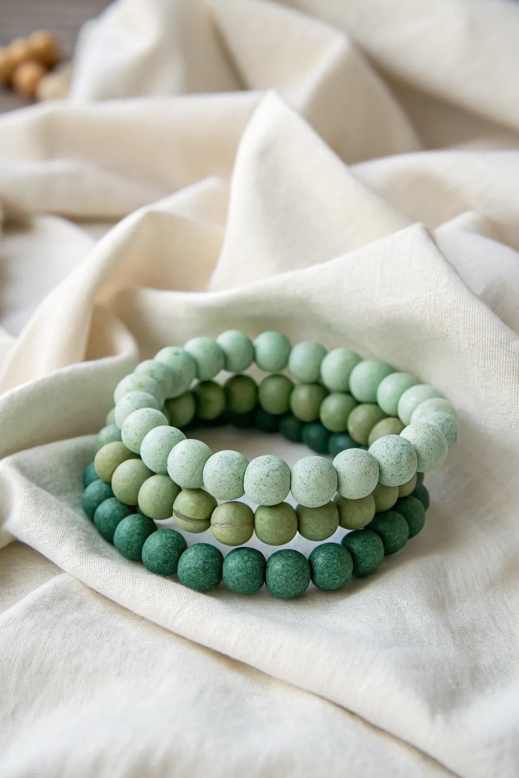 Monochrome green clay bead bracelet stack in mint, olive, and emerald on soft linen.