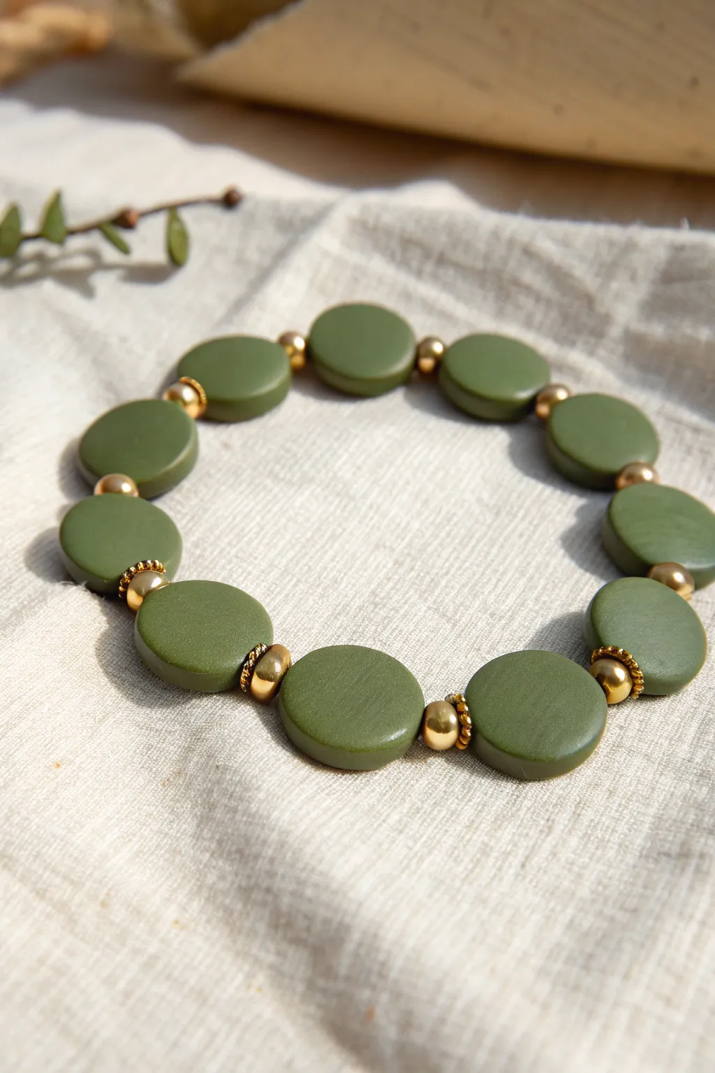 Olive green clay discs with subtle gold spacers for a simple, elevated everyday bracelet.