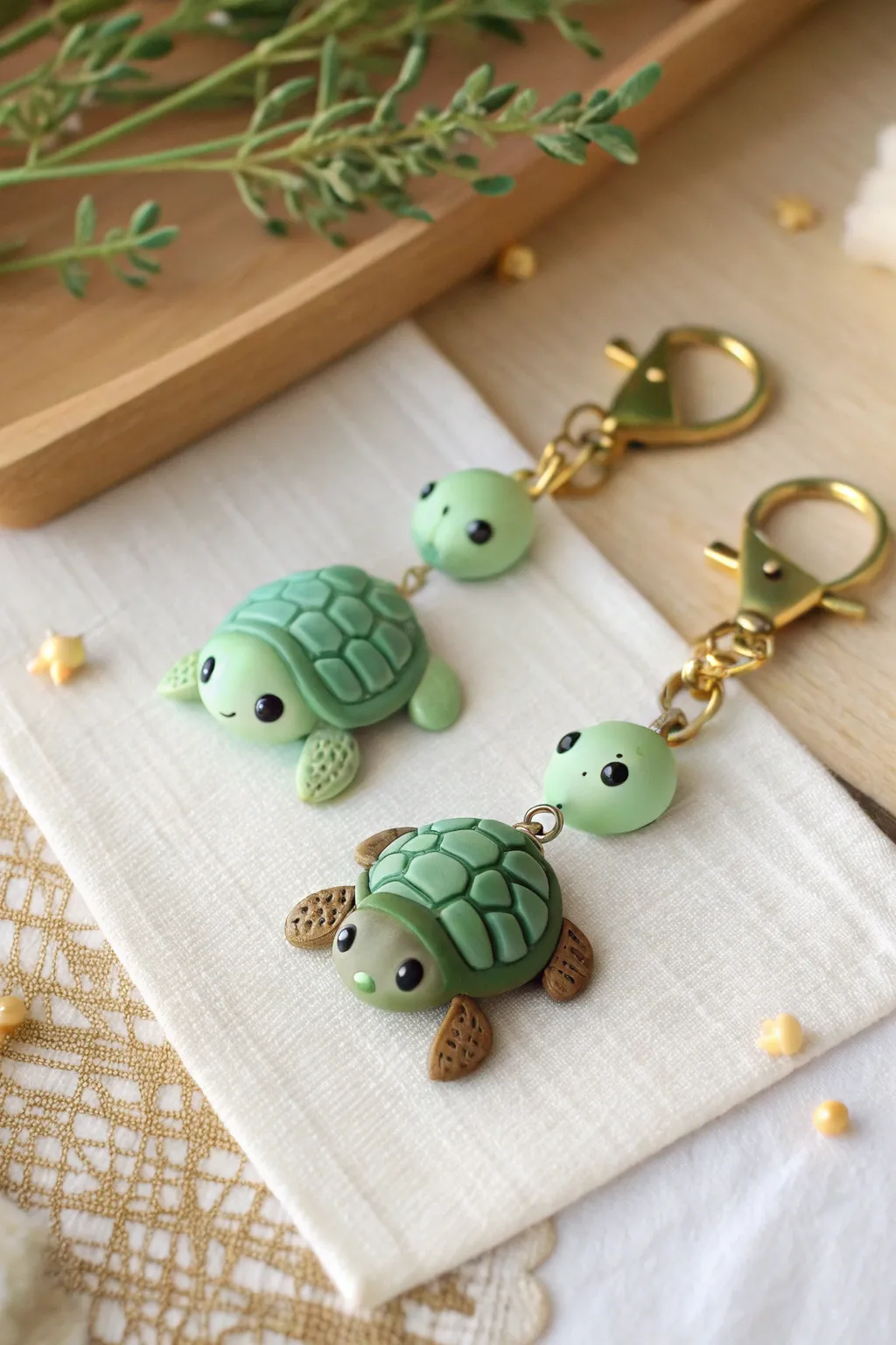 Mint, leaf, and olive mini turtle charms that feel handmade, minimal, and ready for keychains.