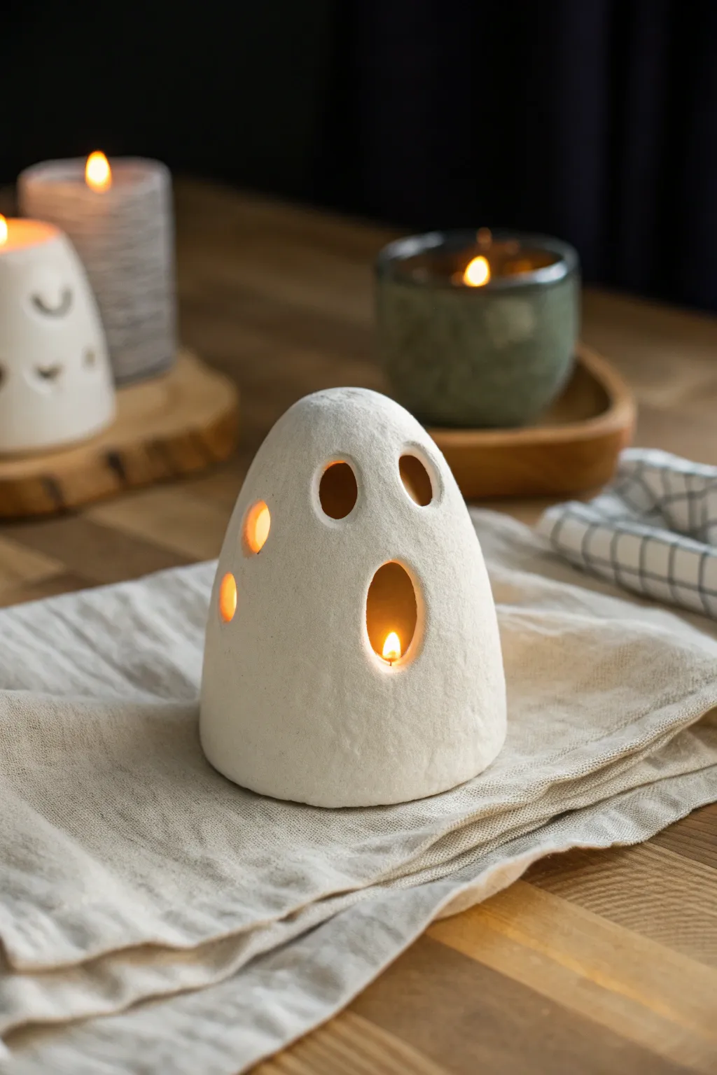 Softly glowing air dry clay ghost luminary cover for cozy minimalist Halloween decor