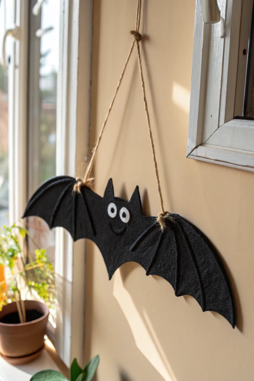 Minimalist black clay bat hanger with bright eyes, perfect easy Halloween wall decor for kids