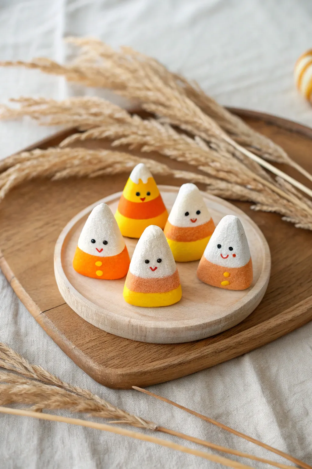 Sweet candy corn clay characters in a cozy minimalist setup, a fun Halloween craft for kids.