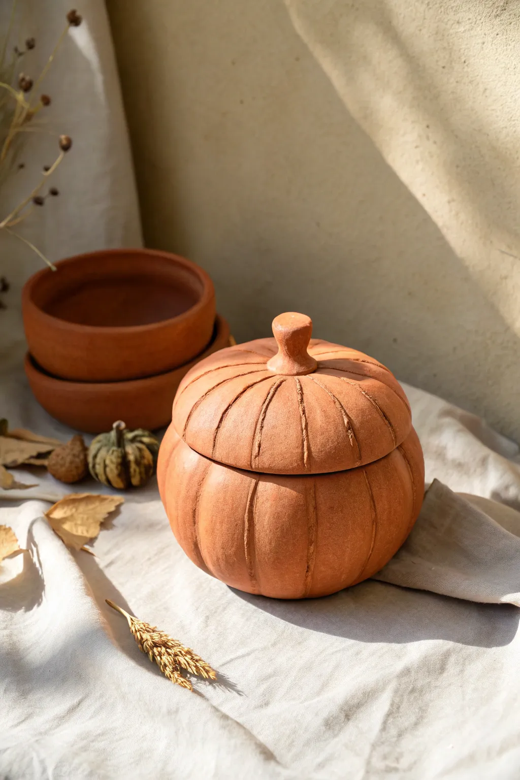 Cozy lidded pumpkin pinch pot jar with a simple stem handle, perfect for Halloween treats.