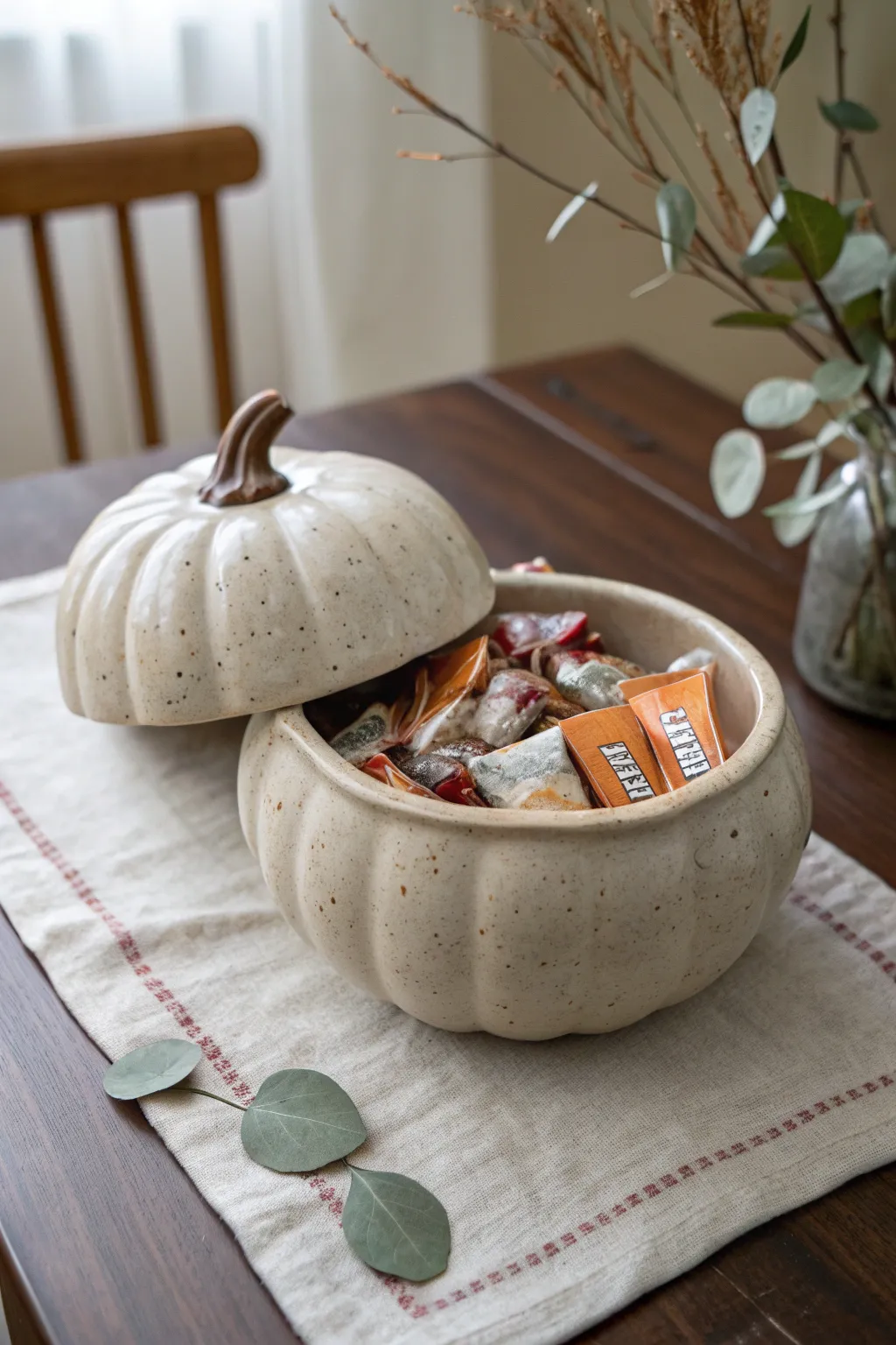 Handmade pumpkin candy bowl centerpiece, cozy minimalist fall styling with wrapped treats