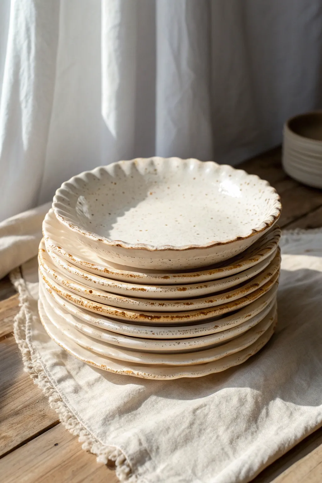 Creamy ruffled-edge slab plates stacked simply, highlighting soft ripples and handmade charm.