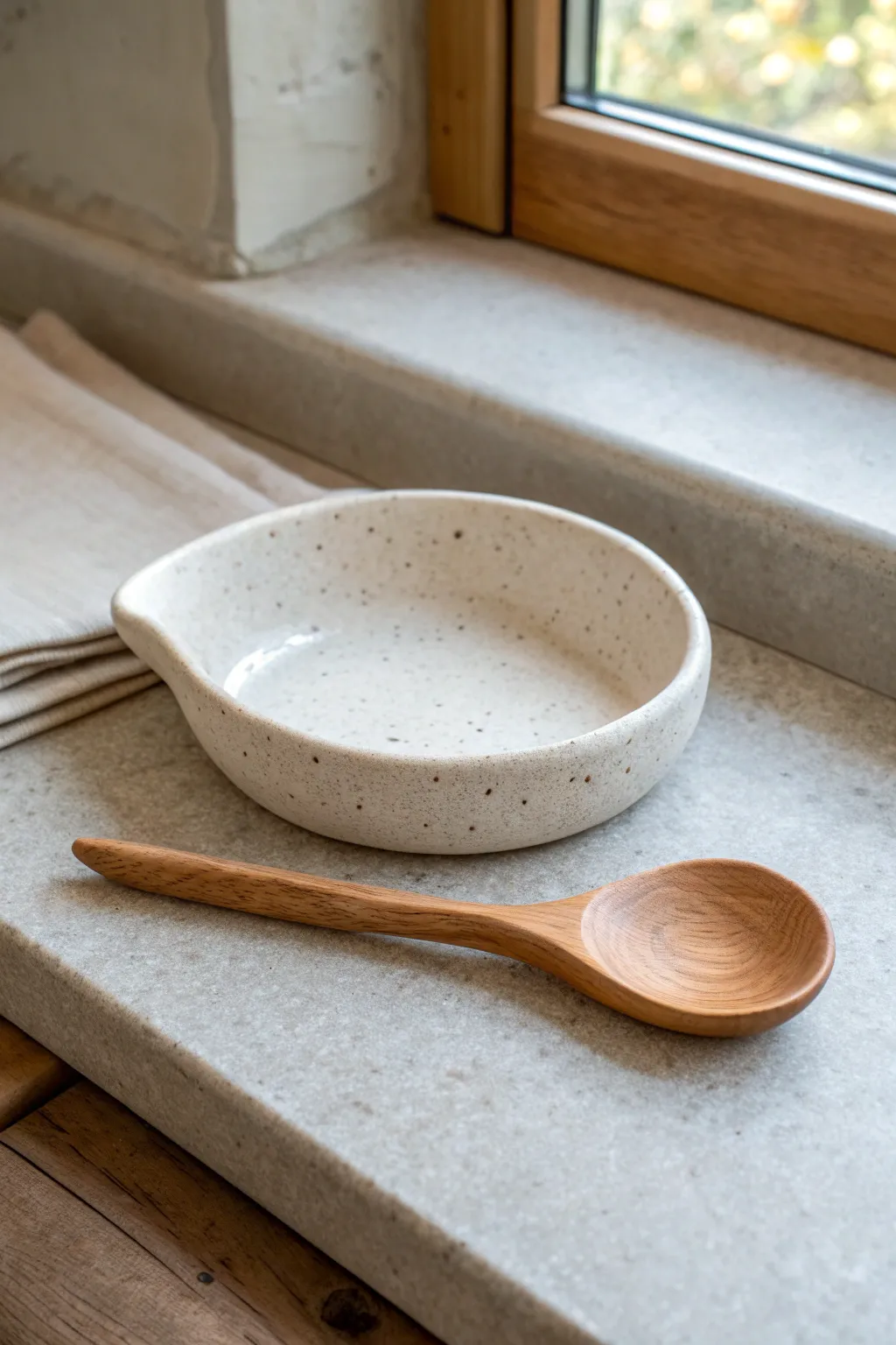 Beginner-friendly slab spoon rest: clean lines, soft speckle glaze, and everyday style