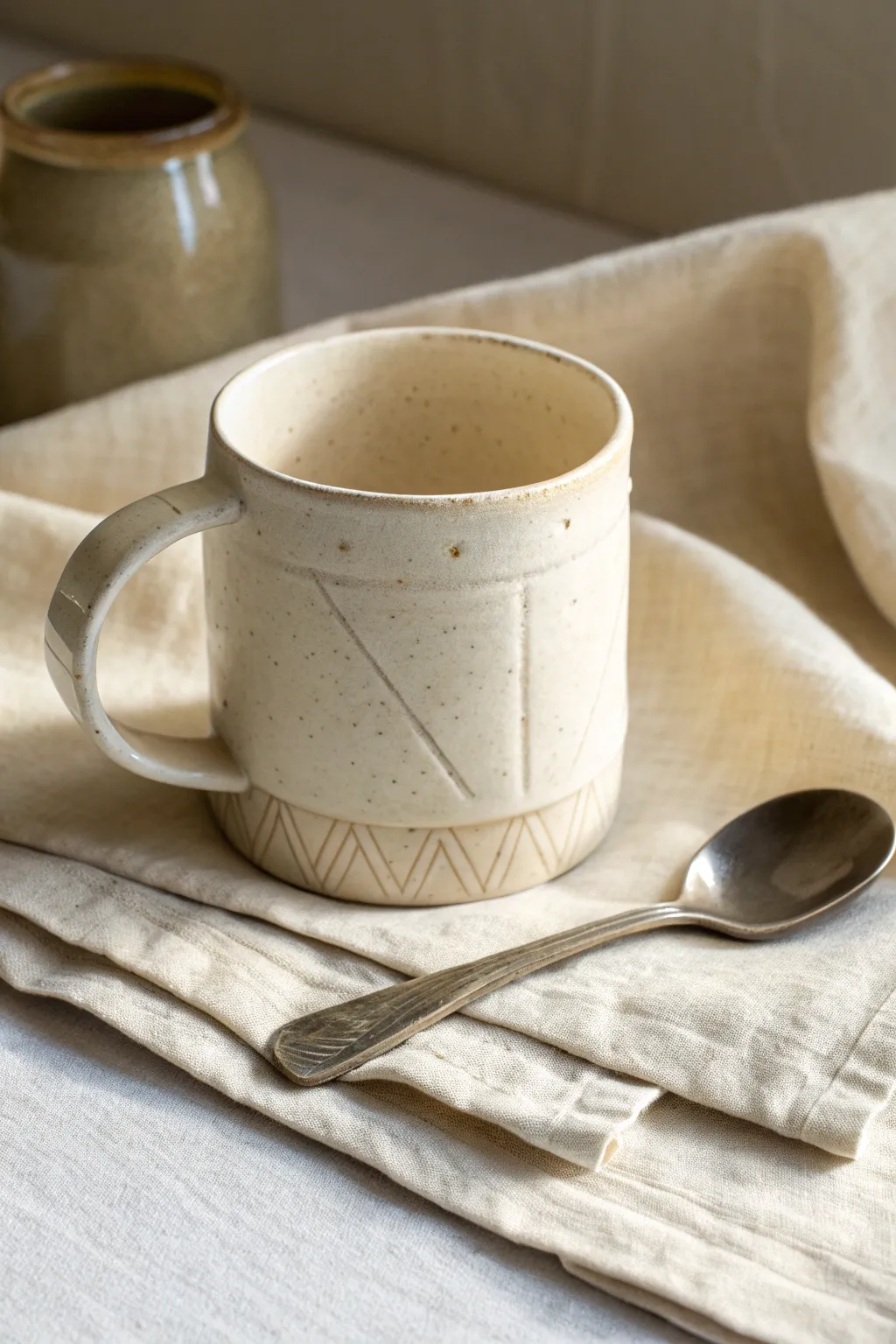 Textured slab mug with visible seams, styled on linen with a simple spoon in soft natural light