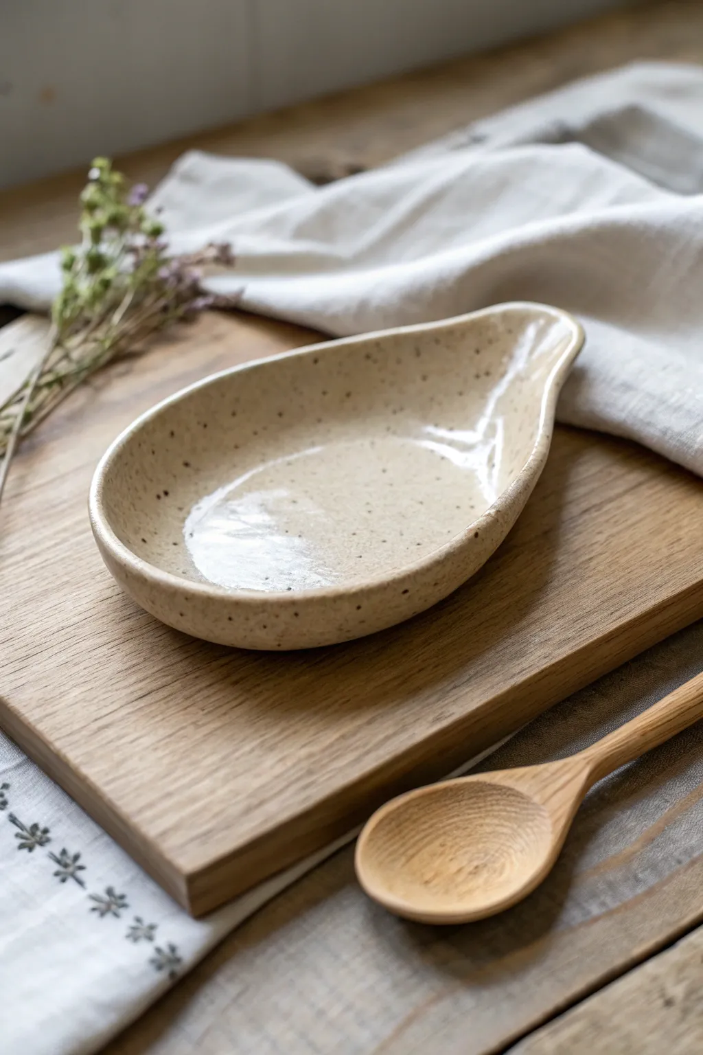 Beginner-friendly thumb-indent spoon rest in neutral glaze, simple curves for everyday use.