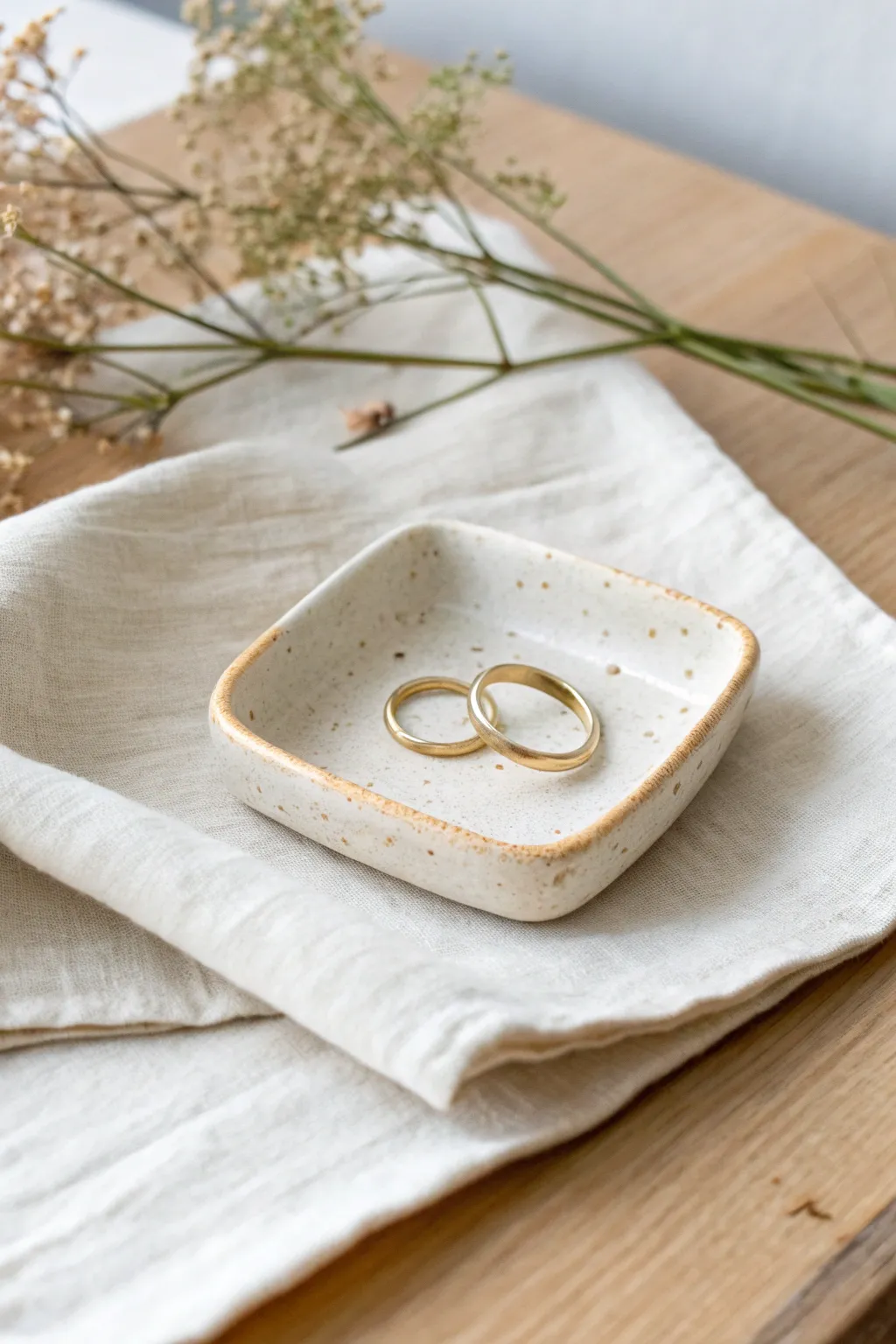 Minimal slab-built ring dish with soft lifted edges, holding two rings on a bright linen backdrop.