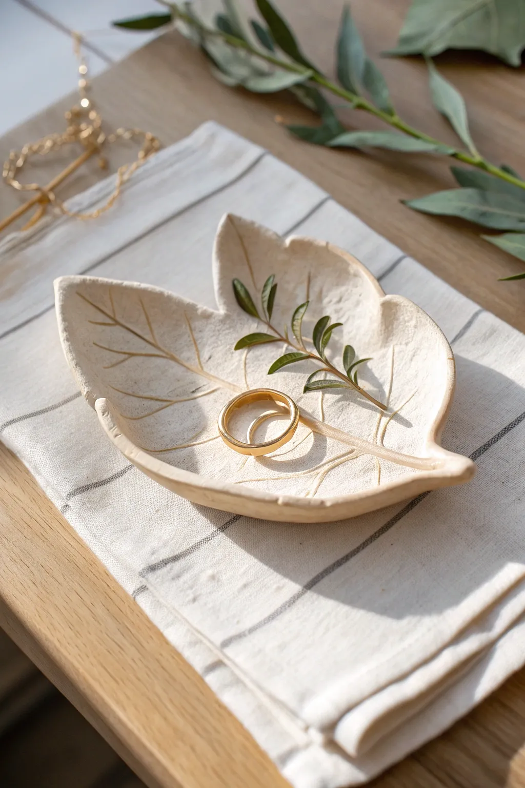 Minimal leaf-shaped clay tray with delicate veins, styled with rings and a hint of greenery.
