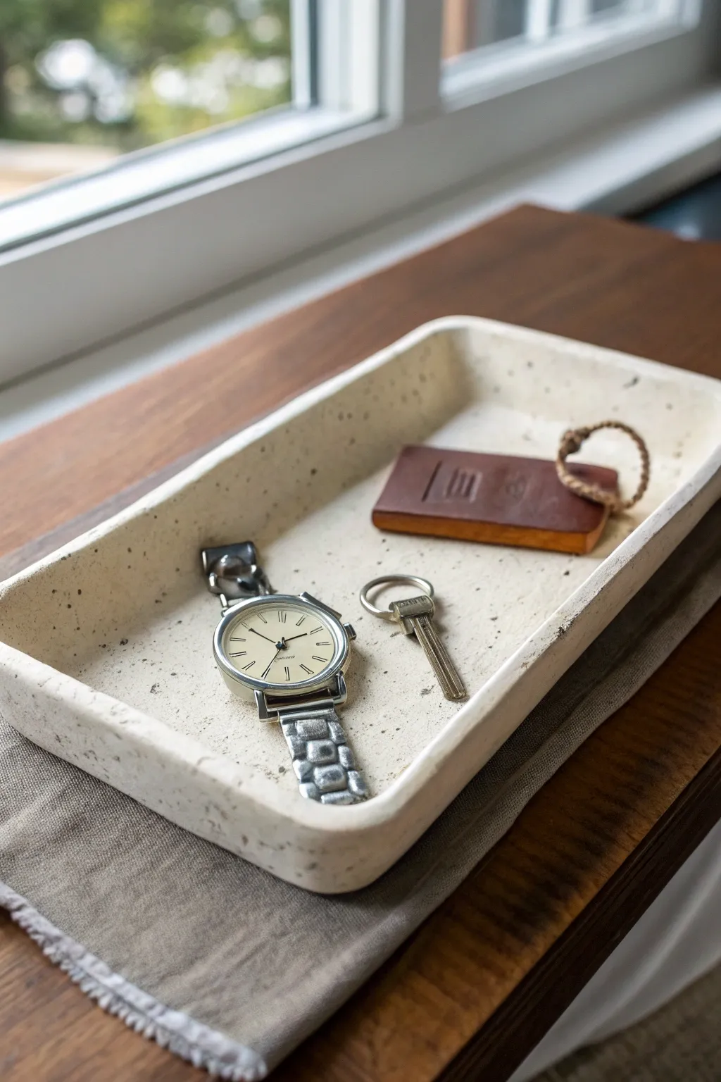 Minimal slab-built clay catchall tray for keys and jewelry, clean corners and warm neutral tones