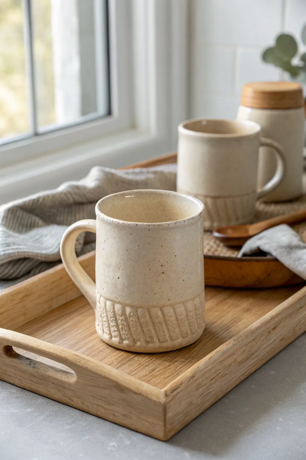 Bold textures, comfy handles: handbuilt slab mugs styled on a neutral tray for minimalist warmth.