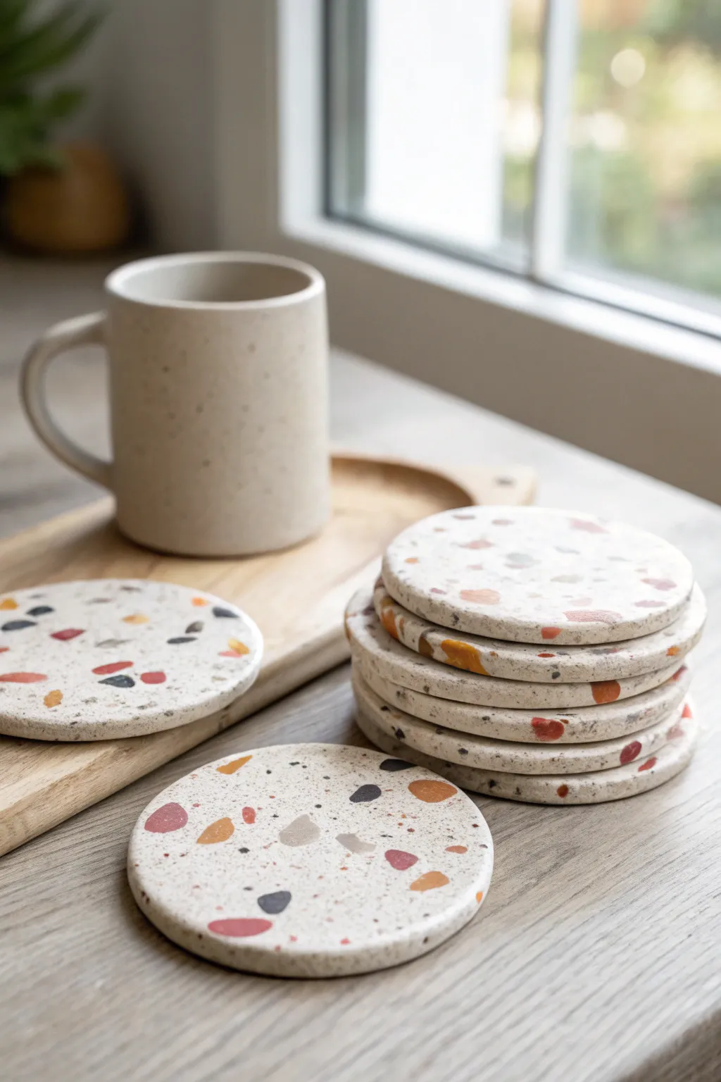 Minimal terrazzo clay coasters stacked neatly, soft speckles and natural light for cozy contrast.