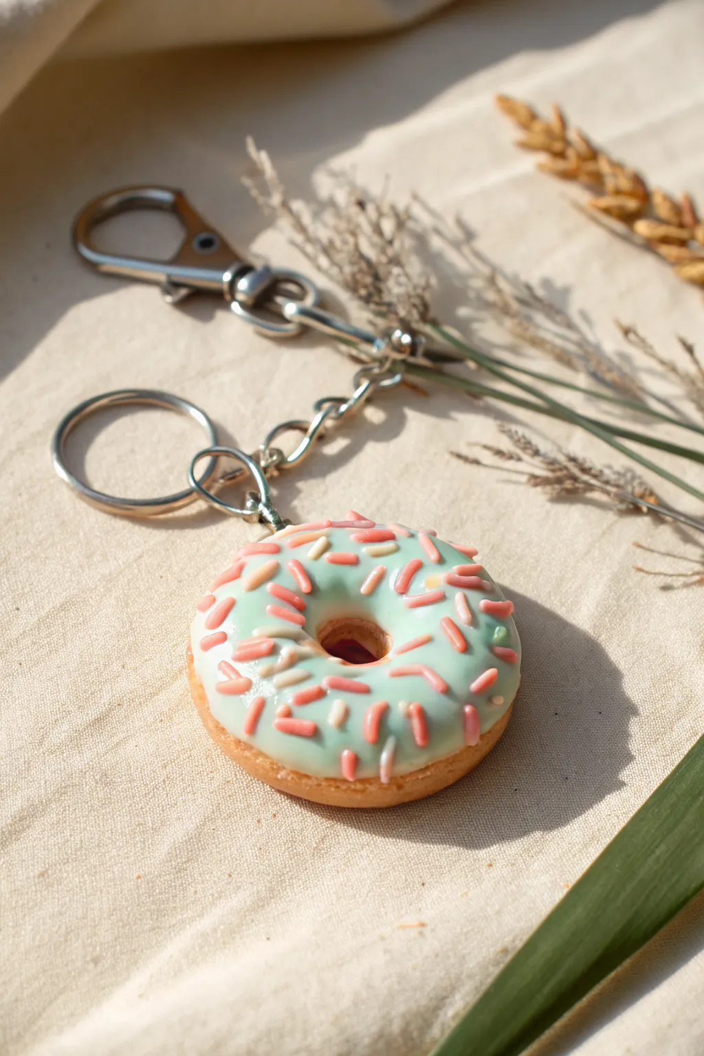 Sweet polymer clay donut keychain with glossy glaze and raised sprinkles, minimalist and cute.