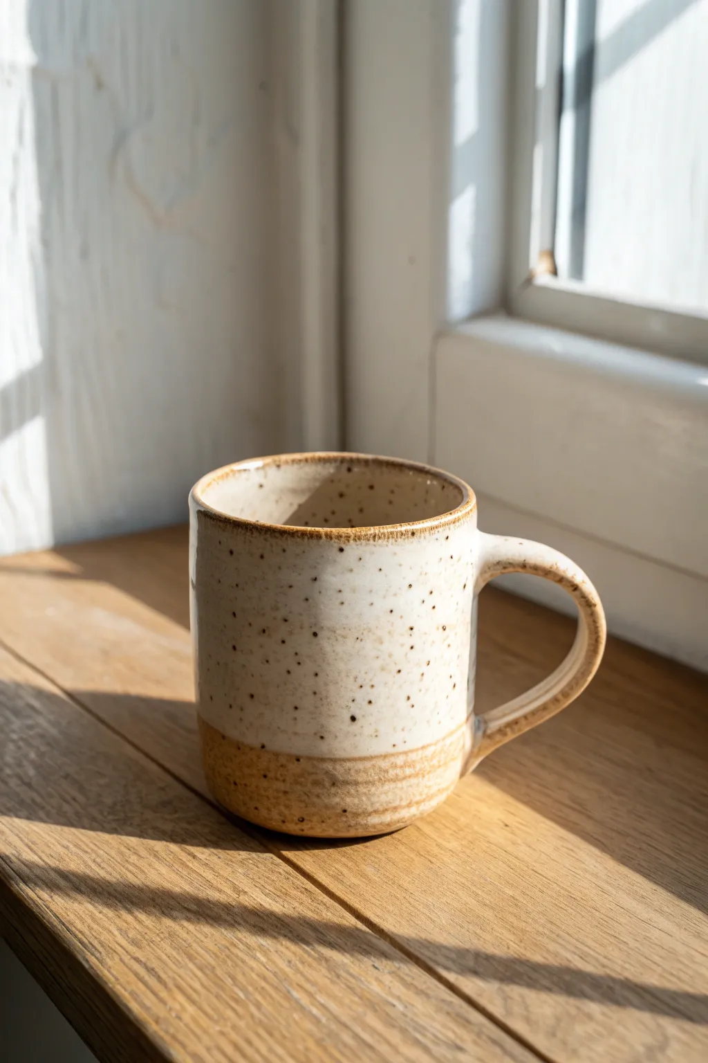 Cozy speckled stoneware-style mug with earthy glaze, minimalist and warm for everyday sips.
