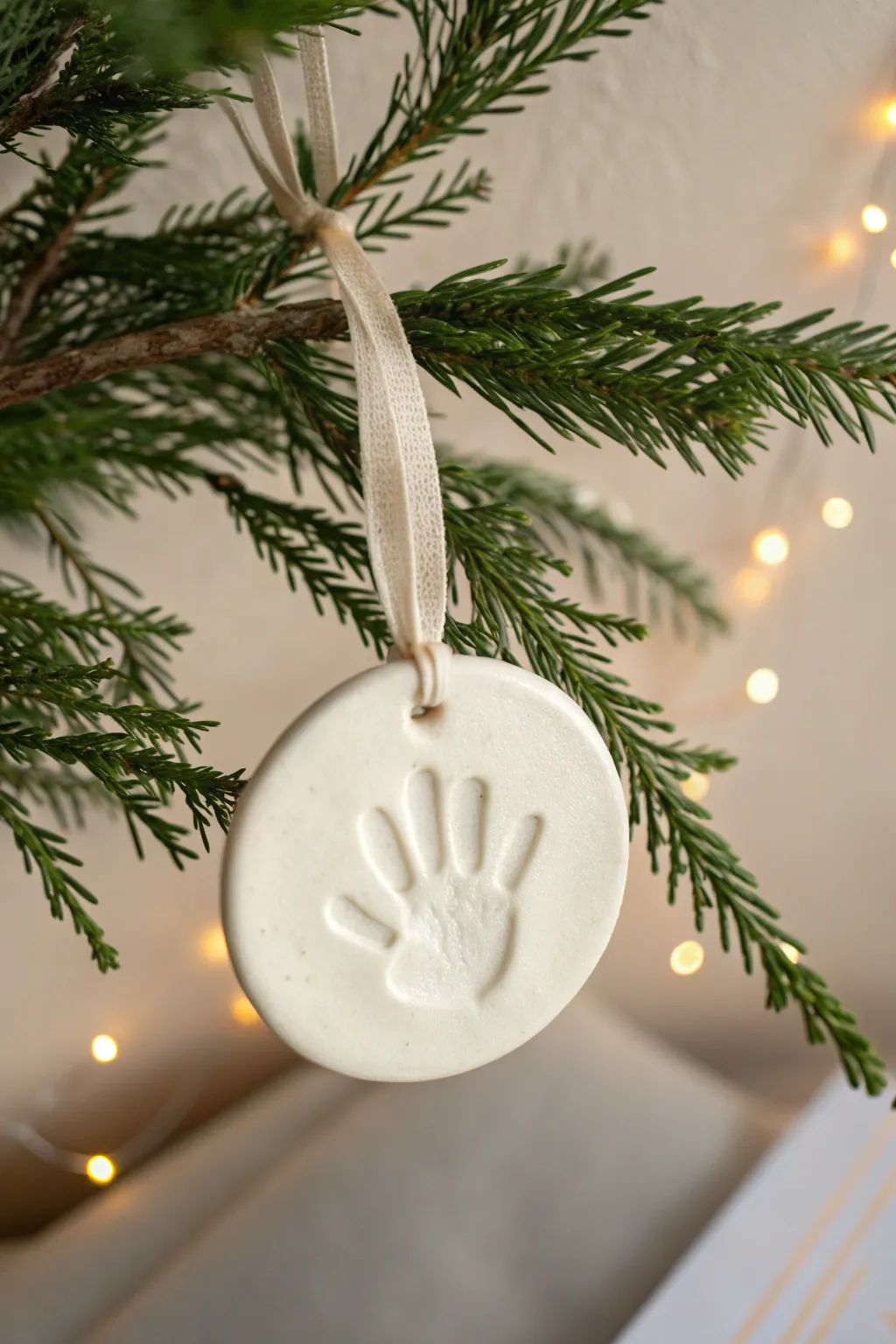 Creamy white baby handprint plaque ornament on pine with warm bokeh lights, simple and timeless
