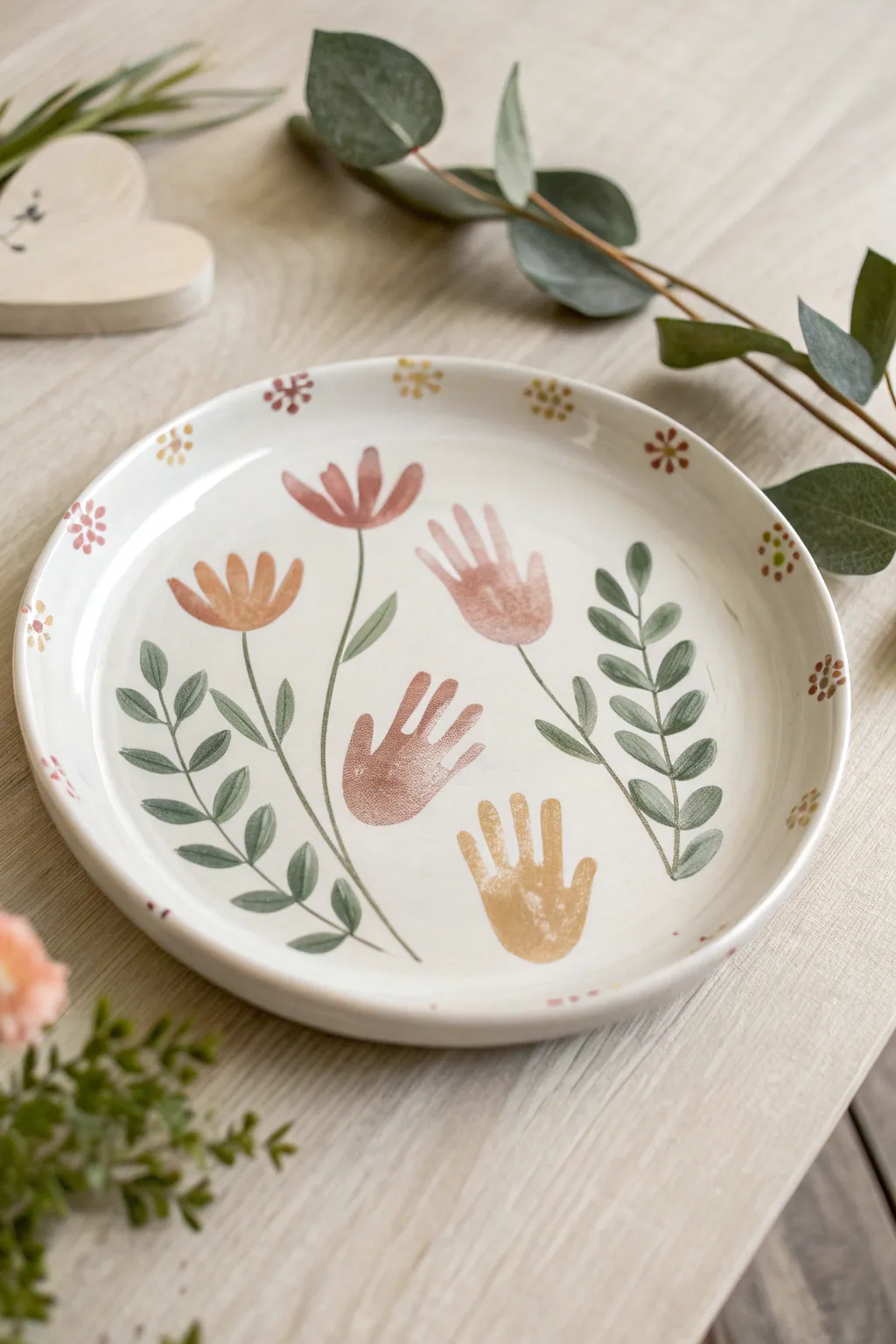 Mother’s Day handprint bouquet plate in soft pastels, simple stems, and sunlit minimal styling.