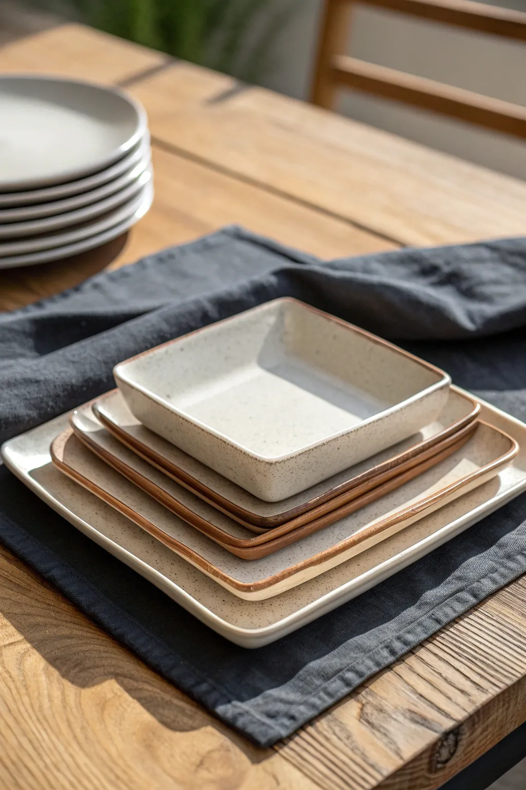 Minimal square slab plates with raised rims and a clean two-tone glaze, handmade and modern.