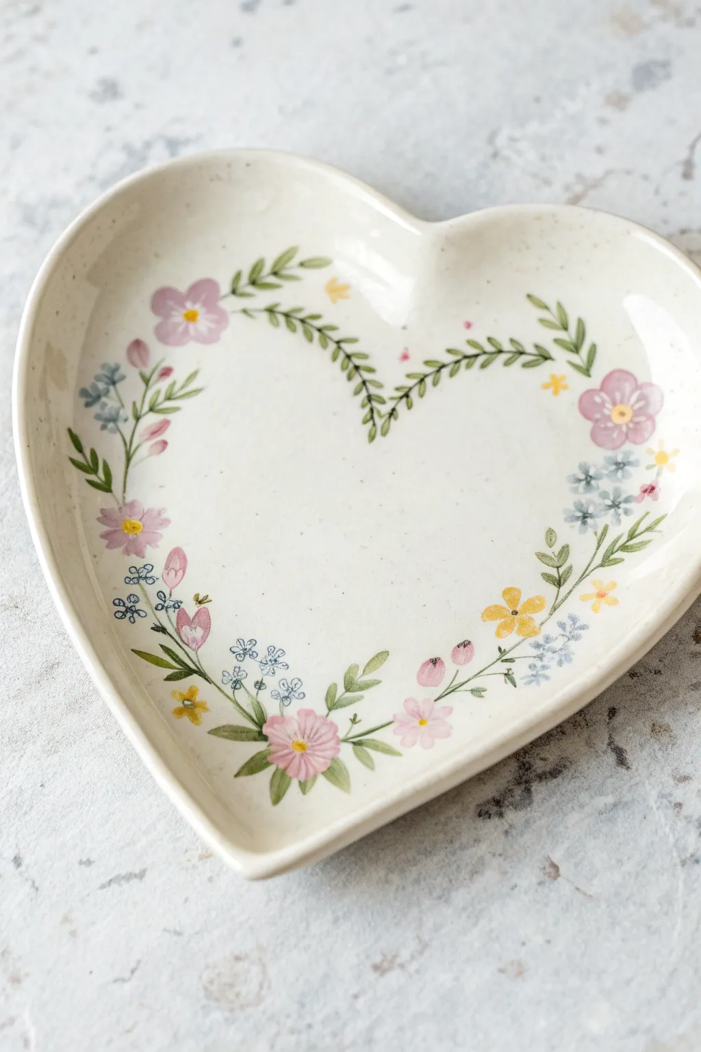 Soft pastel wildflowers form a simple heart-wreath border on a minimalist heart plate.
