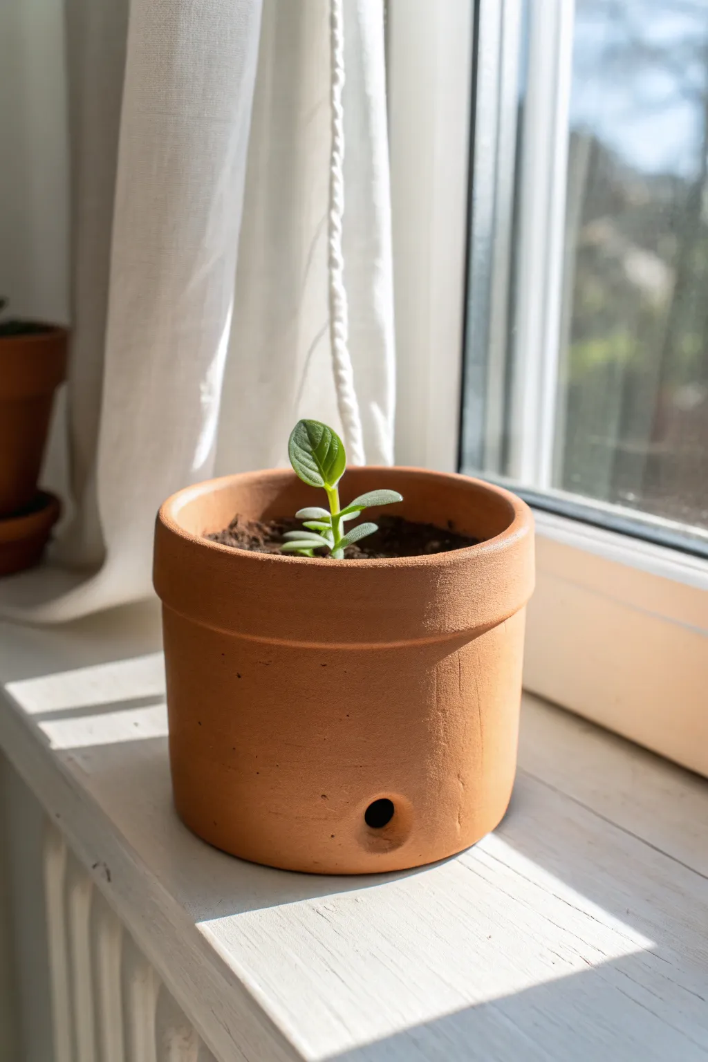 Minimal hollow clay planter with a clear drainage hole, glowing in sun with a simple green sprig.