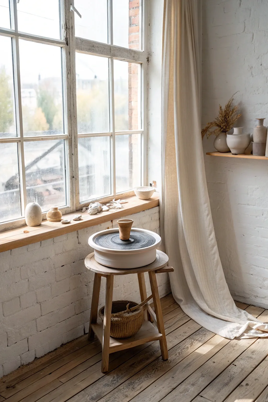 Place your wheel by the window for airy light, soft shadows, and a serene studio corner.