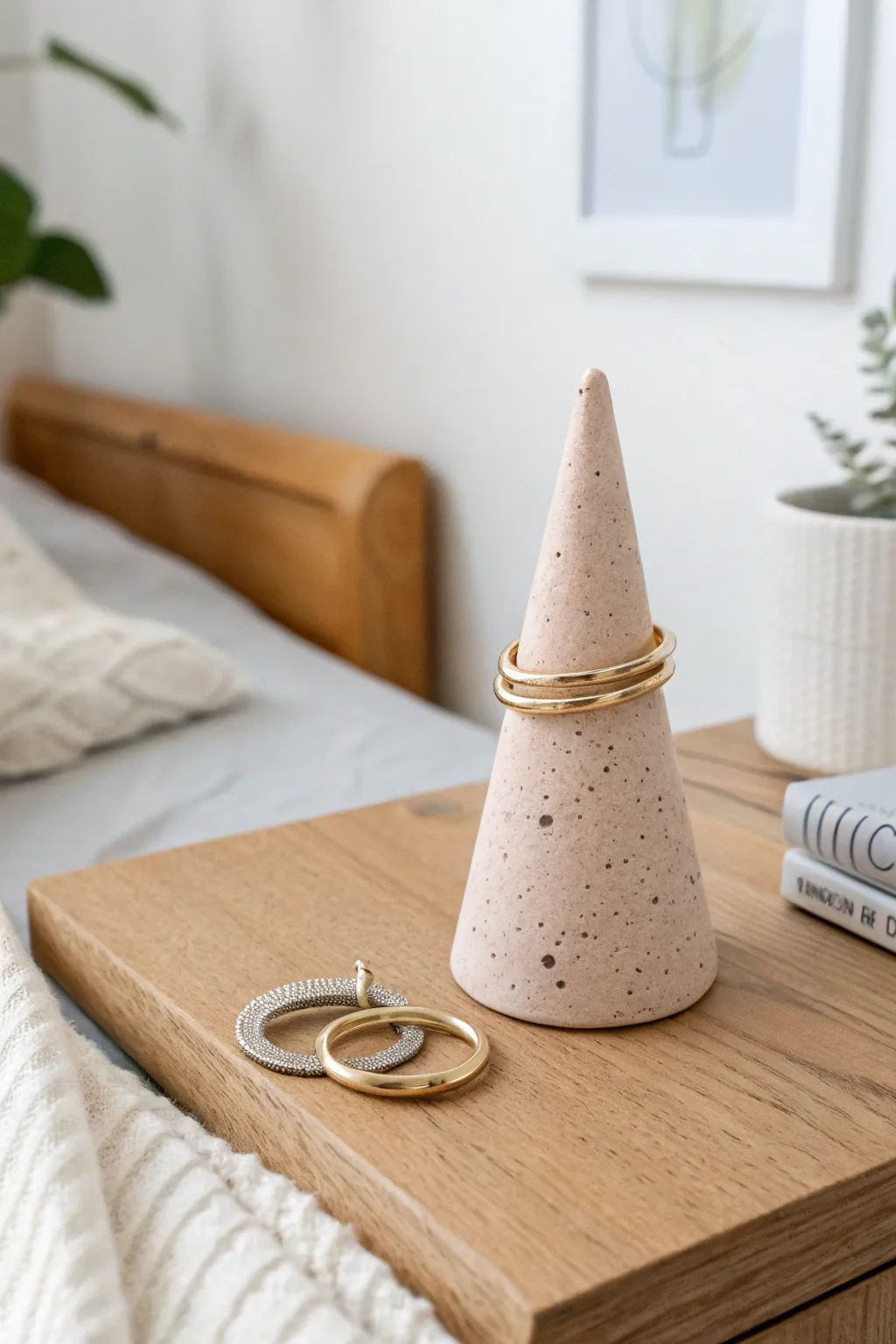 Minimal clay ring cone for your bedside: handmade, blush-toned, quietly boho, beautifully simple.