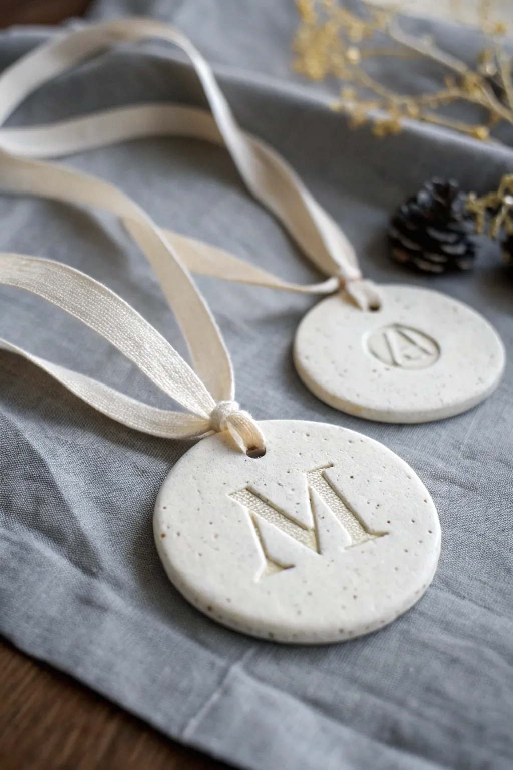 Hand-stamped clay initial medallion with speckled finish and linen ribbon, styled minimal boho