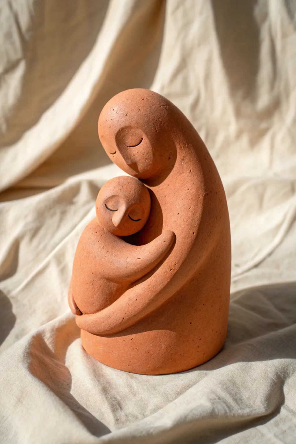 Minimalist mother-and-child curve sculpture in warm clay tones, serene and timeless.