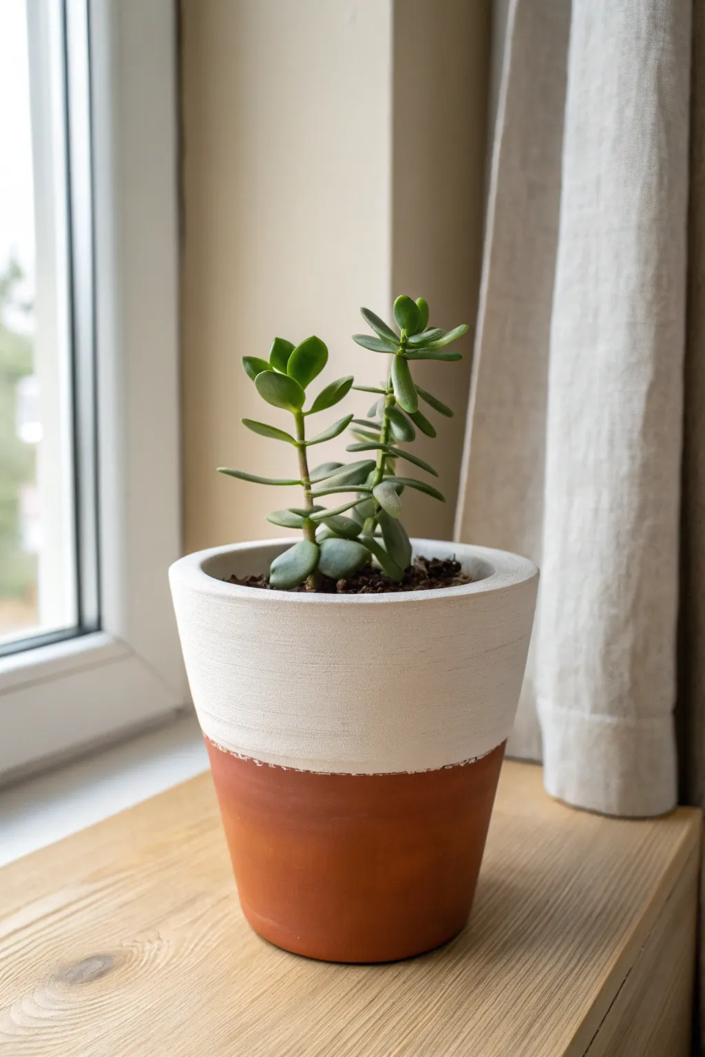 Simple two-tone dipped terracotta pot with a soft white base and fresh green plant