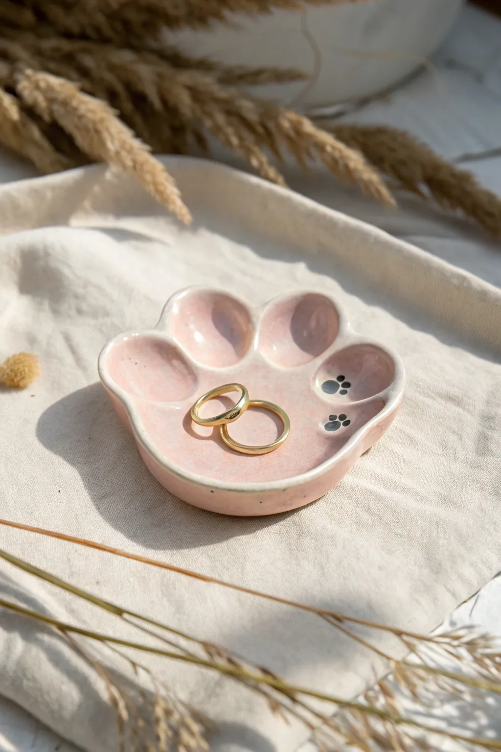 Blush pink cat paw trinket dish with tiny toe beans, holding rings, minimalist and sweet.