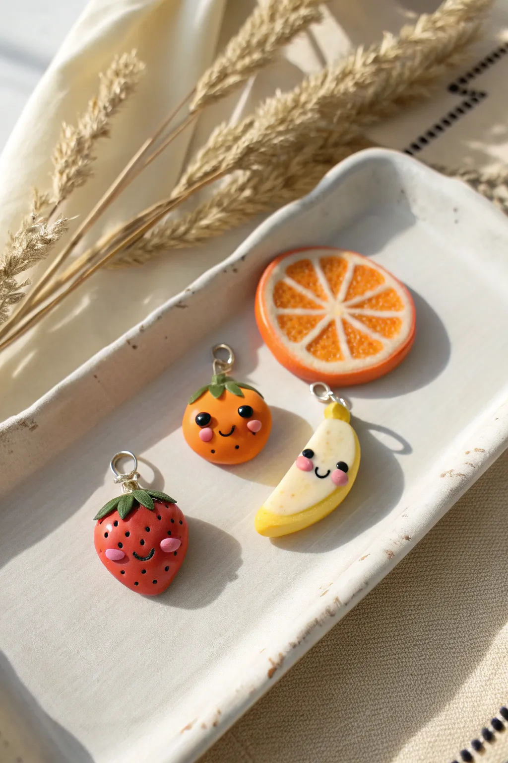 Tiny fruit clay charms with sweet faces, minimalist boho styling, perfect beginner cute DIY.