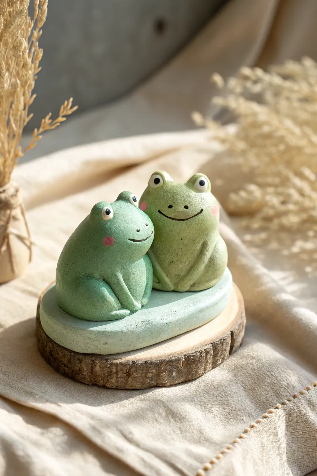 Two tiny clay frog friends with big eyes, soft colors, and a minimalist handmade charm