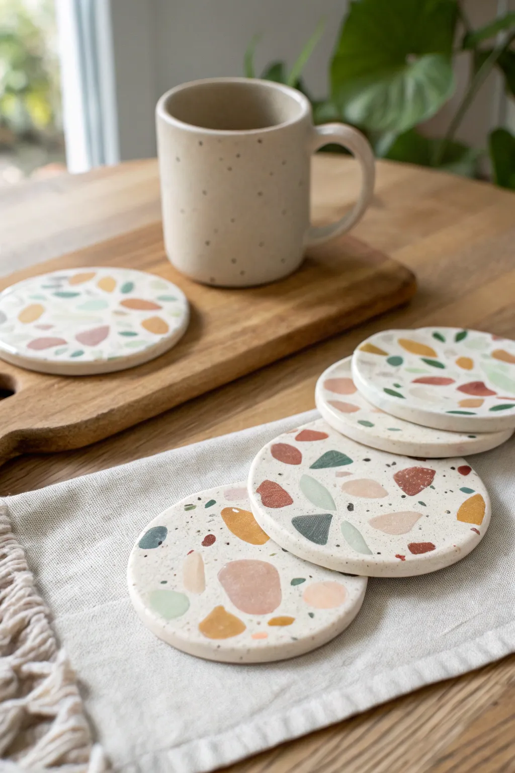 Terrazzo-style clay coasters in soft Scandinavian tones, a simple DIY that elevates any coffee moment.