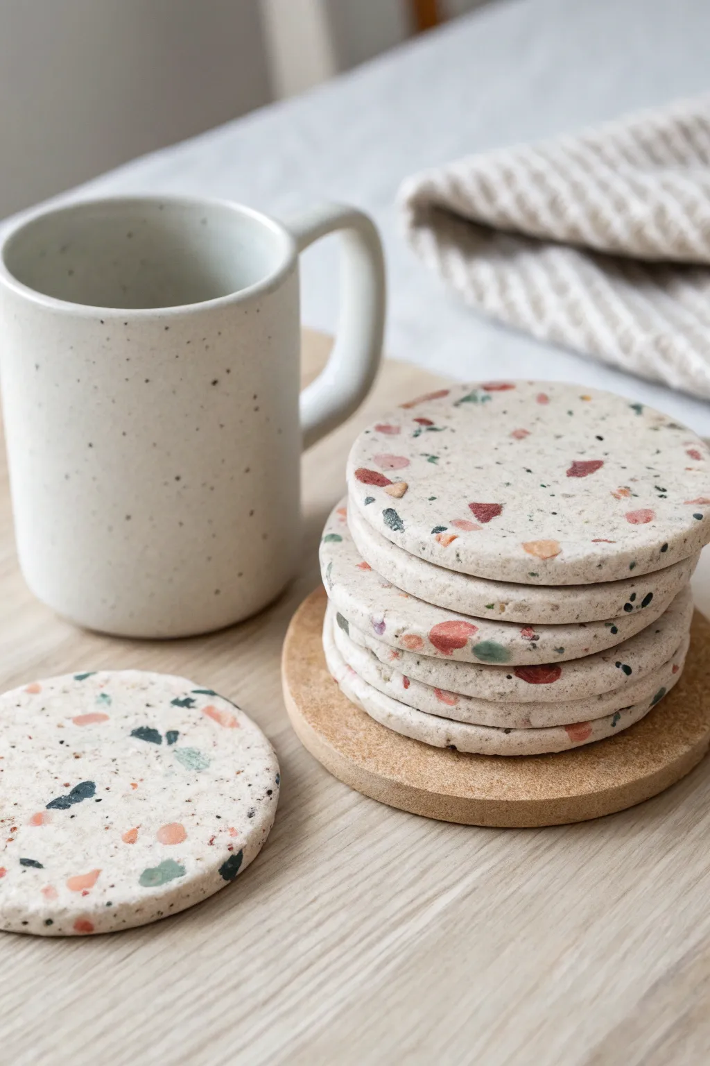 Muted terrazzo air-dry clay coasters stacked on light oak, with a simple mug for scale.