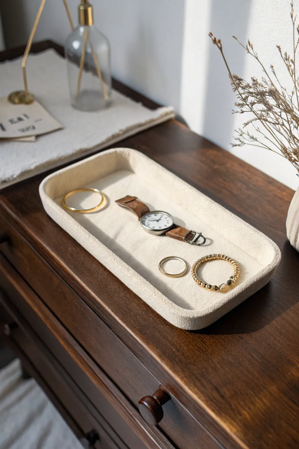 Minimal rounded-corner clay tray in satin ivory, perfect for earrings and a watch on your dresser