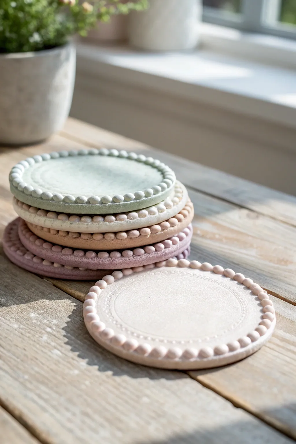 Bubble edge air dry clay coasters in muted pastels, stacked simply on light wood for cozy minimal style
