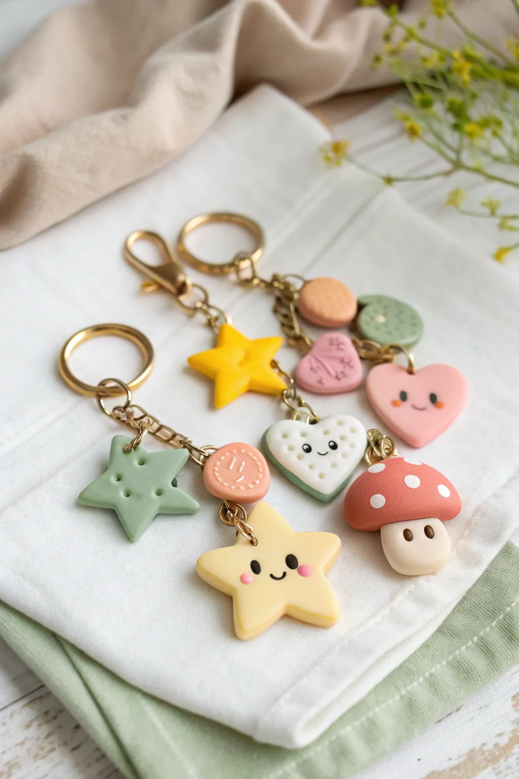 Beginner-friendly mini clay charms in soft pastels, neatly styled beside a brass keyring