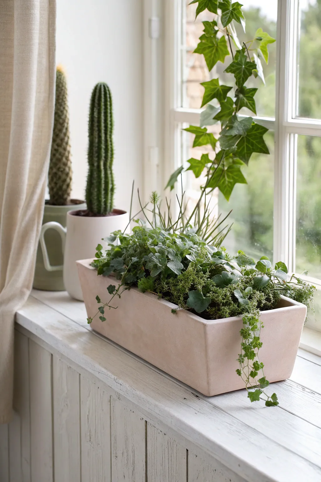 Minimal window box with lush ivy fringe and a few upright accents for airy window charm.