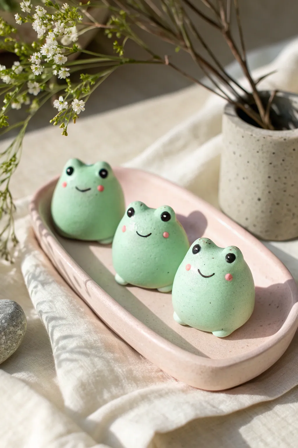Minty tiny smiling frog friends on a pastel tray, a simple kawaii clay project to adore